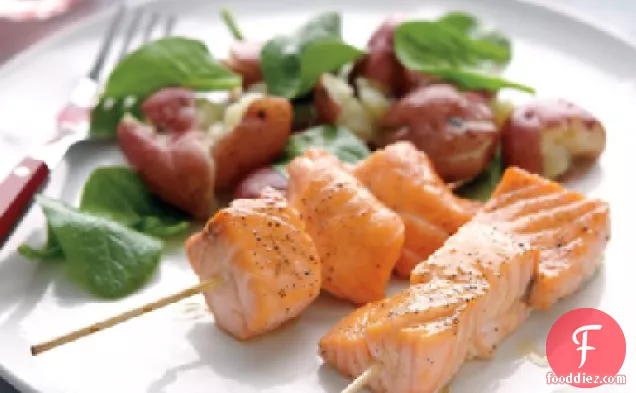 Salmon Skewers with Smashed Potatoes