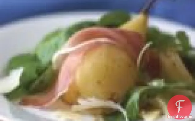Poached Pear Salad With Arugula, Prosciutto And Parmesan
