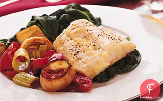 Roast Cod with Leeks, Tomatoes, and Spinach