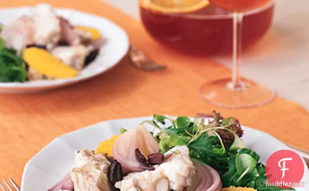 Poached Monkfish with Red Onion, Oranges, and Kalamata Olives