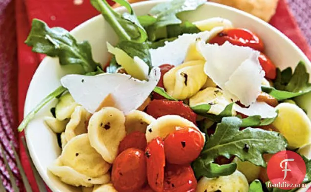 Orecchiette with Roasted Peppers, Arugula, and Tomatoes