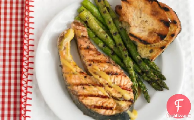 Grilled Salmon Steaks with Mustard Sauce and Asparagus