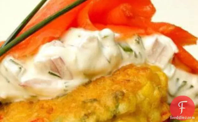Smoked Salmon W/ Chili Corn Fritters and Sour Cream Dip