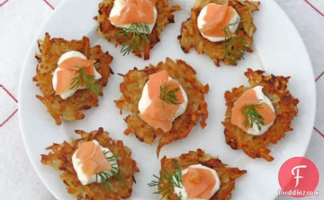 Mini Veggie Latkes With Smoked Salmon and Tzatziki