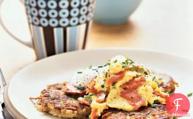 Creamy Smoked Salmon-Scrambled Eggs over Asiago Potato Pancakes