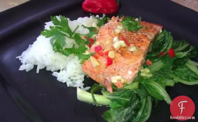 Salmon With Bok Choy, Asian Sauce and Salmon Roe