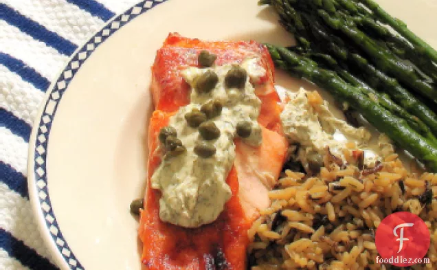 Salmon with Roasted Asparagus and Lemon-Caper Sauce