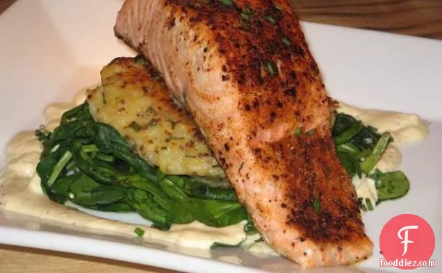 Seared Salmon on Potato Cake, Wilted Spinach W/ Dijon Sauce