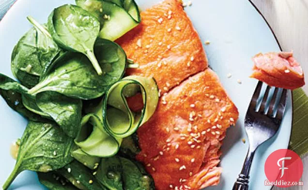Salmon with Spinach Salad and Miso Vinaigrette