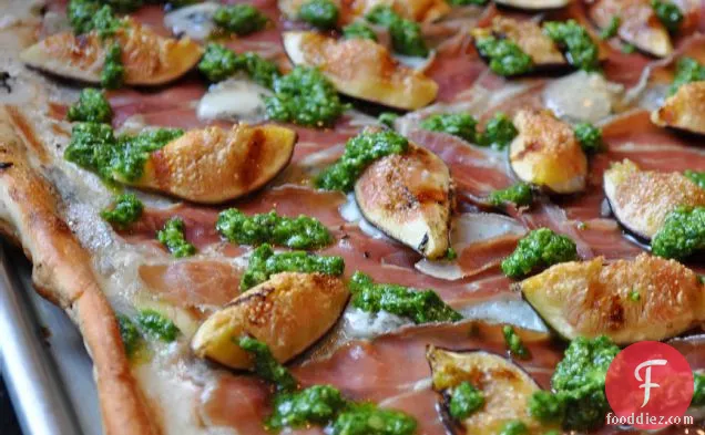Grilled Pizza With Figs, Prosciutto, Gorgonzola And Arugula Pesto