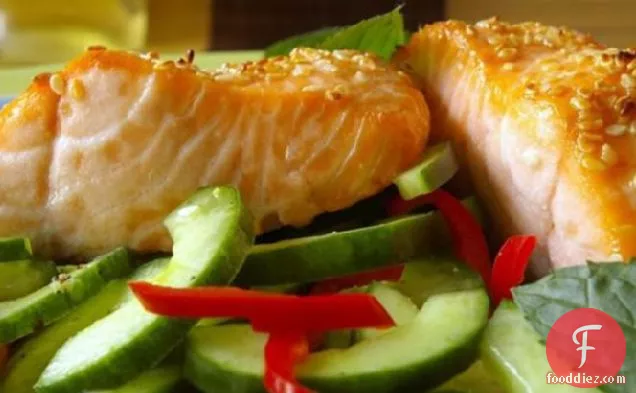 Roasted Salmon With Chile Minted Cucumbers