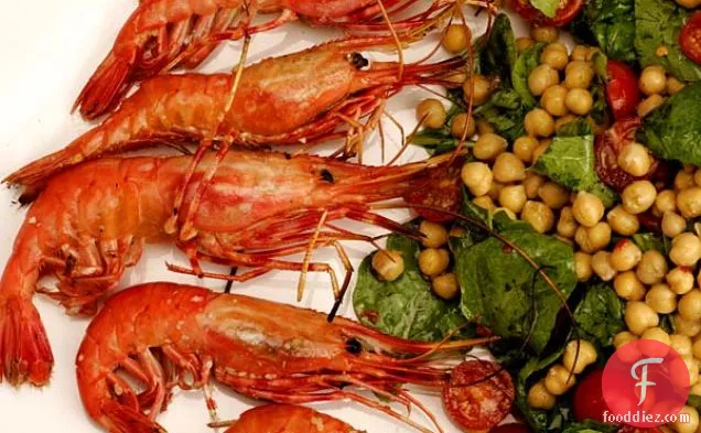 Grilled Spot Prawns With Garbanzo Beans, Tomatoes And Arugula