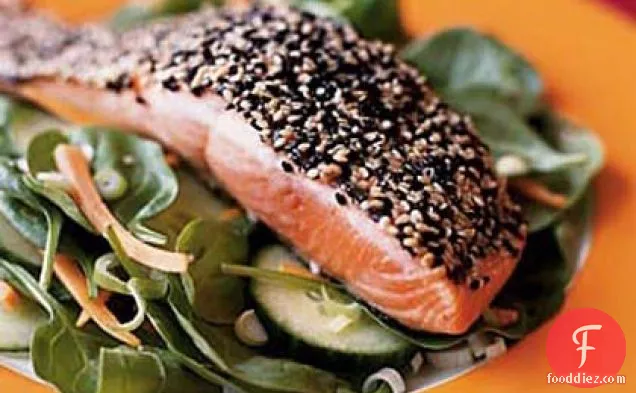 Wilted Spinach Salad with Sesame-Coated Salmon
