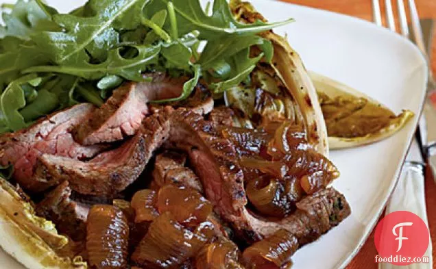 Flank Steak with Roasted Endive, Spring Onion Agrodolce, and Arugula