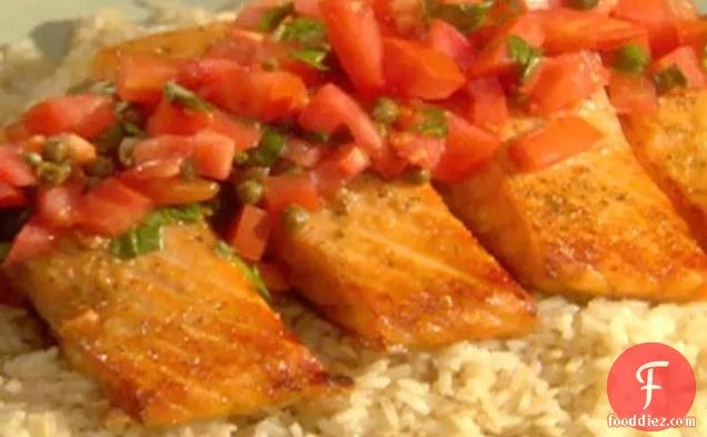 Roasted Wild Salmon with Tomatoes, Basil, and Capers, Parmesan-Crusted Cauliflower, and Rice
