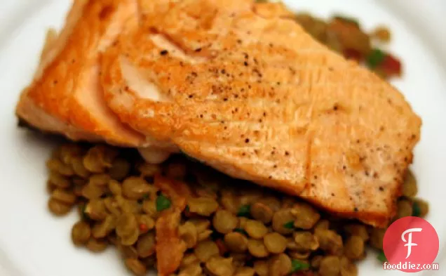 Dinner Tonight: Salmon with Smoked Bacon and Lentil Salad