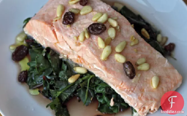 Steamed Salmon with Chard, Pine Nuts, and Raisins