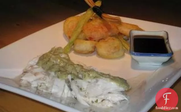 Baked Whole Fish With Tahini Sauce and Tempura Vegetables