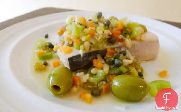 The Art of Eating's Swordfish with Olives, Celery, Garlic, Vinegar, and Mint