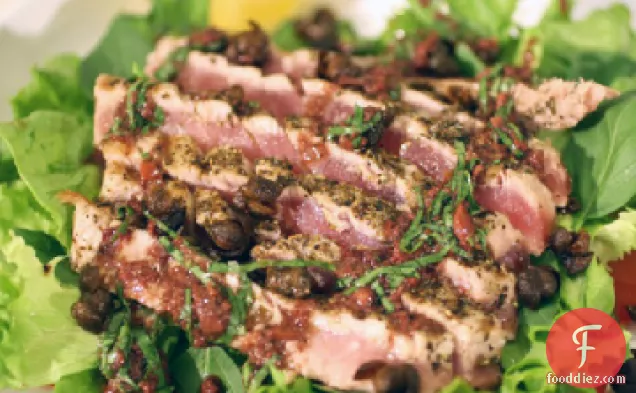 Grilled Rare Tuna Salad with Basil-Tapenade Vinaigrette