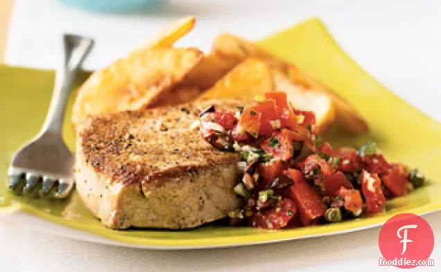 Tuna Steaks with Garlic, Tomatoes, Capers, and Basil