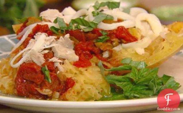 Stuffed Spaghetti Squash with Tomatoes, Olives, Tuna and String Cheese