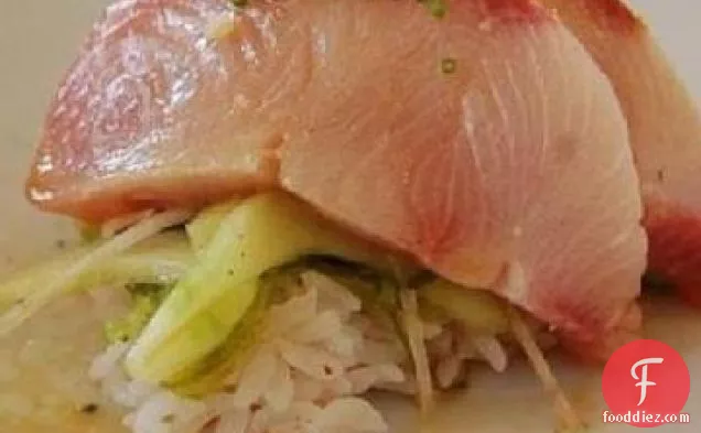 Wild Hamachi Sashimi with Coconut-Green Curry Vinaigrette and Ginger