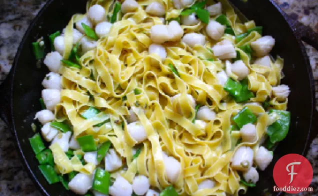 Noodles with Bay Scallops, Snow Peas, and Ginger Sauce
