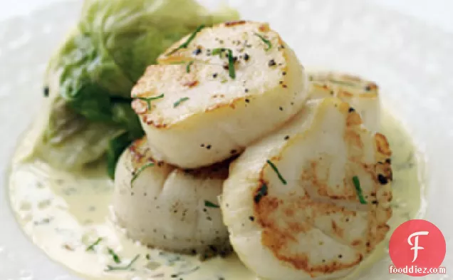Scallops with Tarragon Cream and Wilted Butter Lettuce