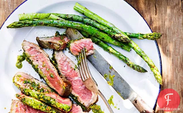 Rib-Eye Steaks with Pistachio Butter and Asparagus