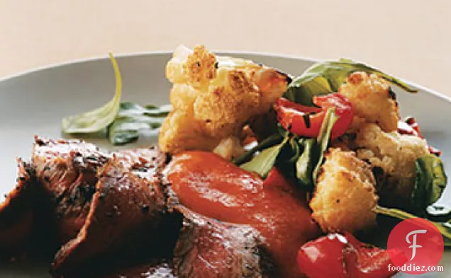 Sauteed Flank Steak with Arugula and Roasted Cauliflower and Red Peppers