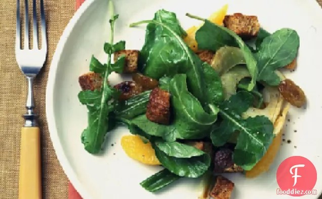 Arugula and Roasted-Vegetable Salad With Whole-Grain Croutons