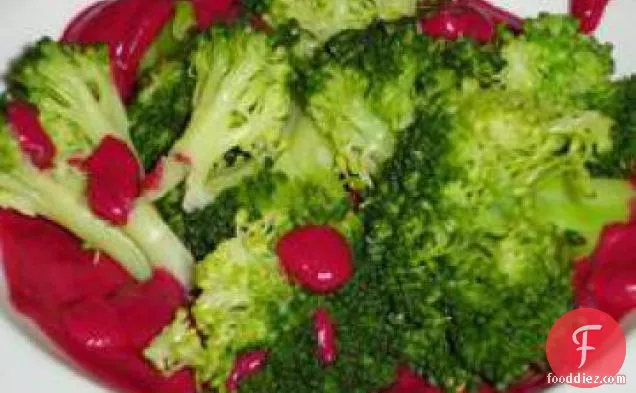 Steamed Broccoli Drizzled with Roasted Beet Sauce