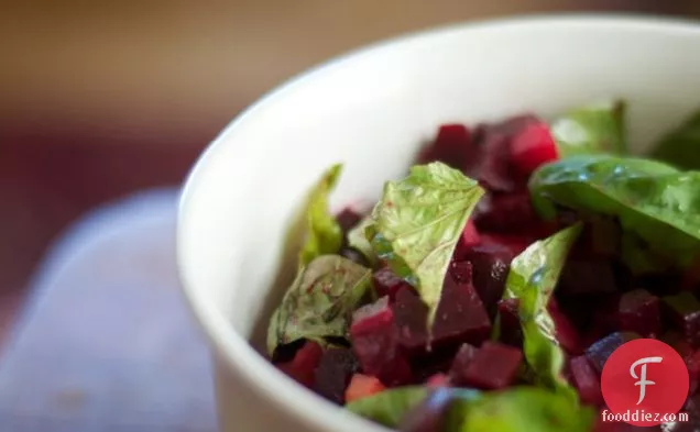 a : triple beet salad with basil and olive oil