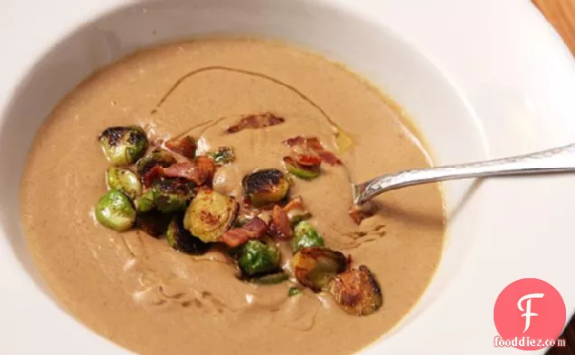 Brown Butter-Sunchoke Soup with Brussels Sprouts and Bacon