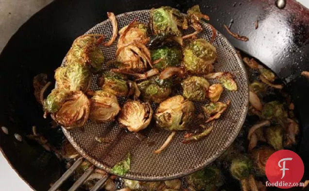 Fried Brussels Sprouts with Shallots, Honey, and Balsamic Vinegar