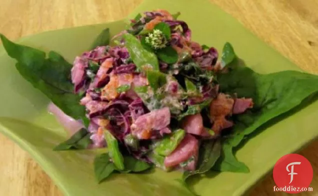 न्यूट ड्रेसिंग की आंख के साथ ताजा छोटा सा आदमी पदचिह्न सलाद