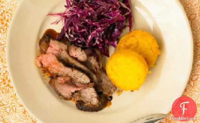 Chili-Rubbed Flank Steak With Cabbage Salad And Polenta Rounds