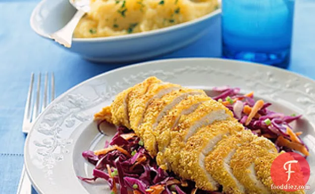 Cornflake-Crusted Chicken with Red Cabbage Slaw and Rutabaga Potatoes