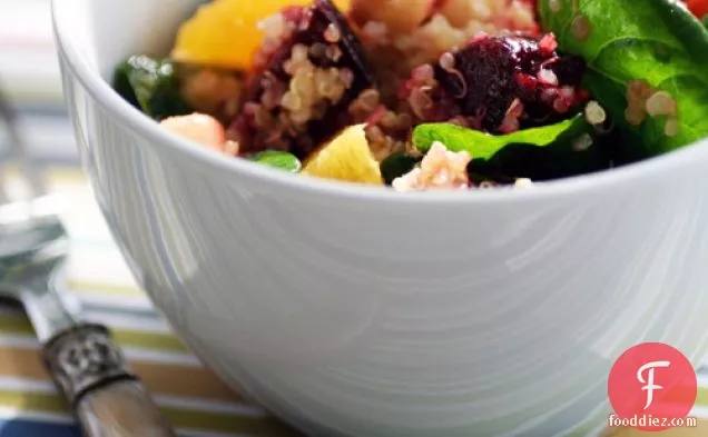 Quinoa Salad Recipe With Roasted Beets, Chick Peas, Baby Spinac