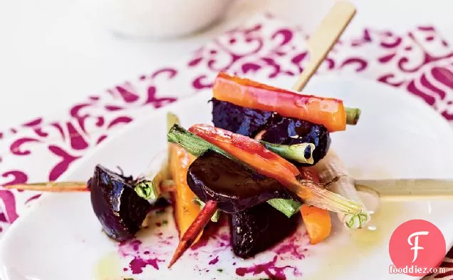 Roasted Beet, Carrot and Scallion Skewers with Tarragon