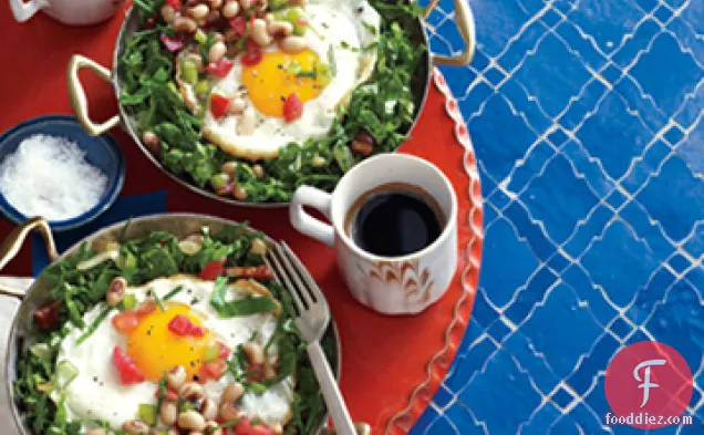 Shirred Eggs with Black-Eyed Pea Salsa and Collard Greens