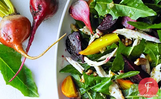 Chicken Salad with Roasted Beets and Dandelion Greens