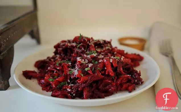 Red Beet Fusilli With Balsamic, Poppy Seeds And Mint