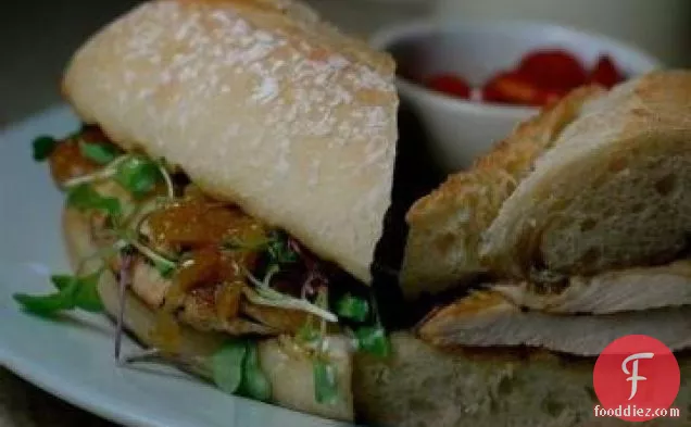 Chicken Breast Sandwiches with Caramelized Onions, Watercress, and Paprika Aïoli