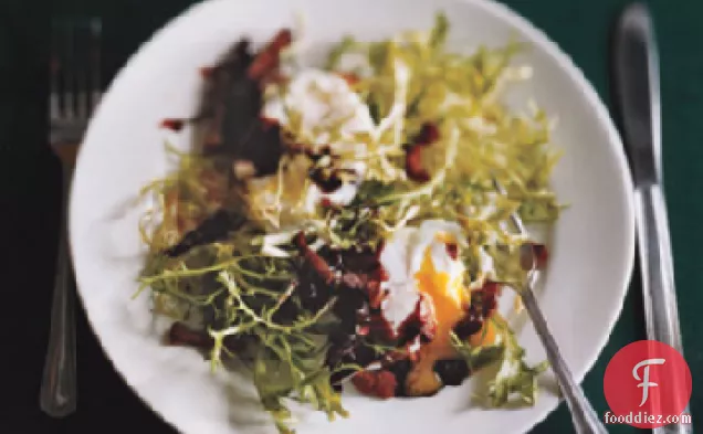 Warm Frisée-Lardon Salade with Poached Eggs in Red-Wine Sauce