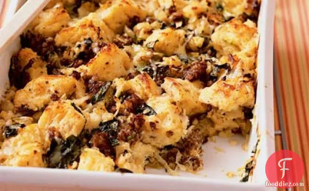 Savory Bread Pudding with Sausage and Escarole