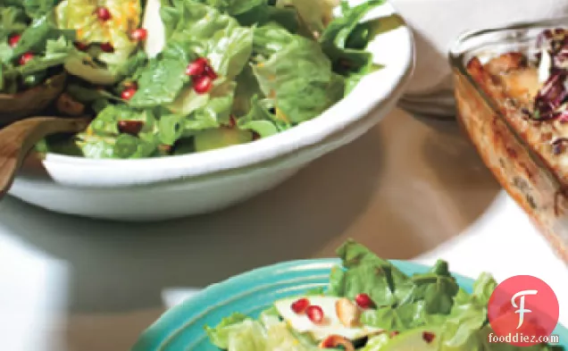 Escarole and Butter Lettuce Salad with Pomegranate Seeds and Hazelnuts
