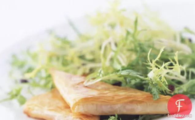 Goat Cheese and Red Pepper Phyllo Triangles with Olive Frisée Salad