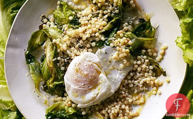 Sautéed Escarole with Toasted Pearl Couscous and Poached Eggs